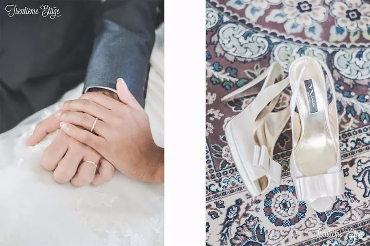 détail photographie de mariage chaussures alliances