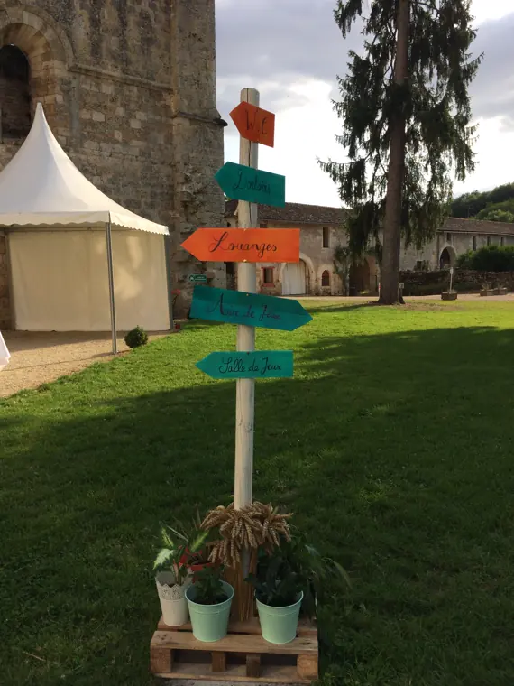 Le parc et ses grands arbres, un panneau de direction planté dans la pelouse
