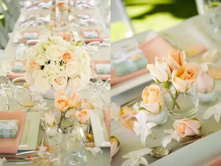 Centre de table de mariage compos&eacute; de roses blanches
