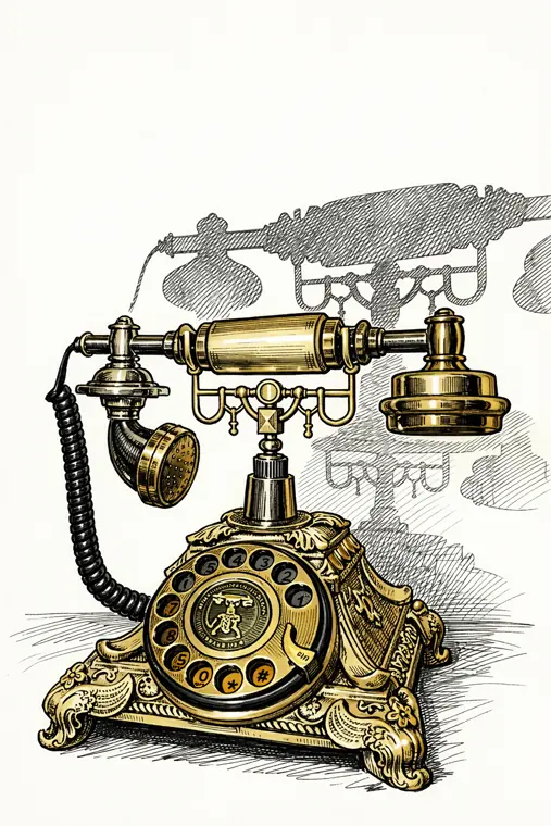 Illustration à l’encre et à l’or d’un téléphone ancien à cadran, combiné décroché