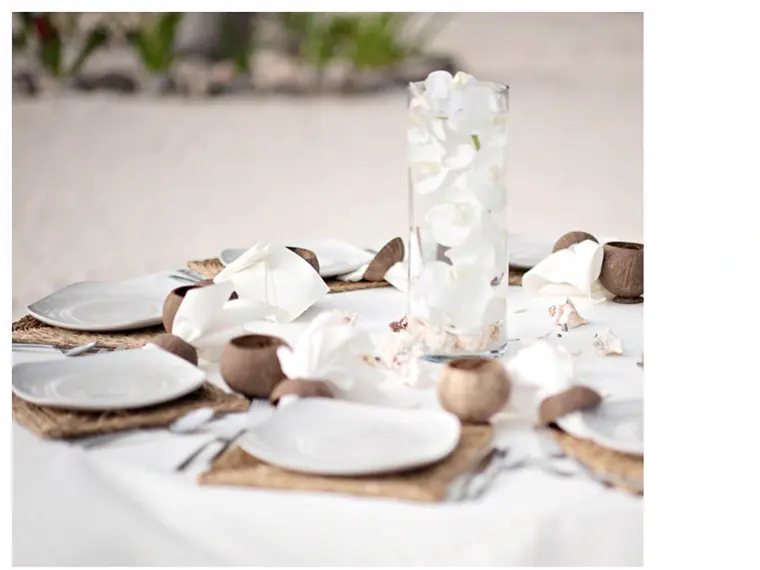 vase haut d orchidees blanches au centre d une table, coquillages et noix de coco