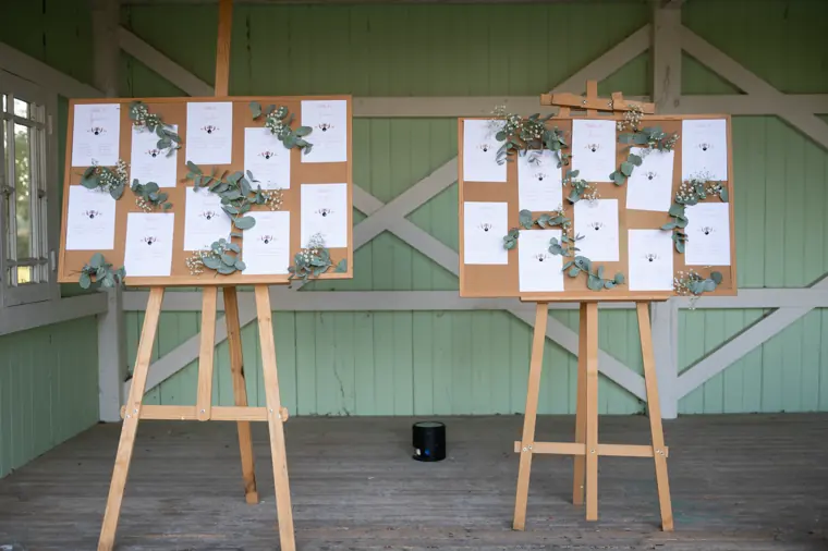 Le plan de table présenté sur deux chevalets de bois