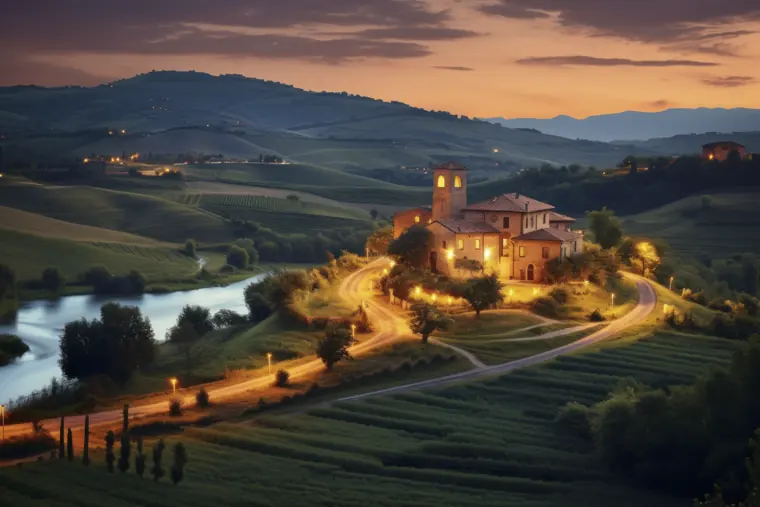 Une villa toscane éclairée sur sa hauteur au crépuscule, dominant les collines, les vignes et la rivière