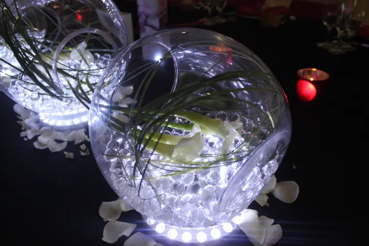 Des boules de verre remplies de billes d’eau et de LED, avec un arum et des pétales