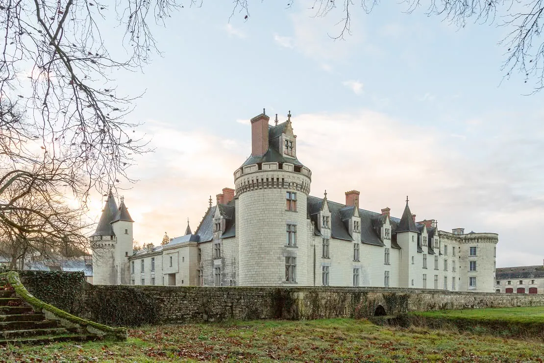 La longue façade du château de Dissay et ses tours d’ardoise, vue depuis le parc à la lumière d’hiver
