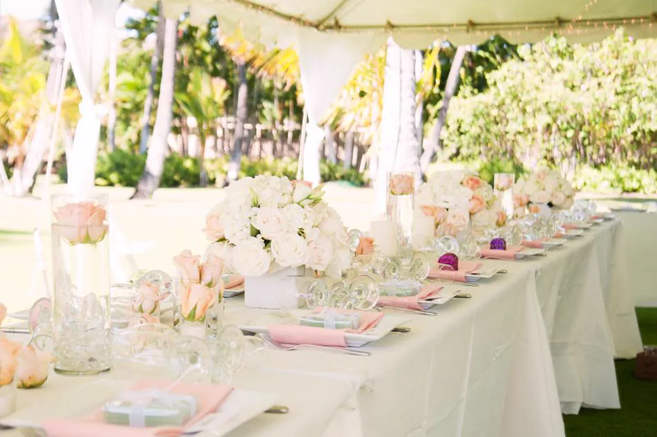 La longue table dress&eacute;e sous la tente, ouverte sur le jardin, en tons rose et p&ecirc;che