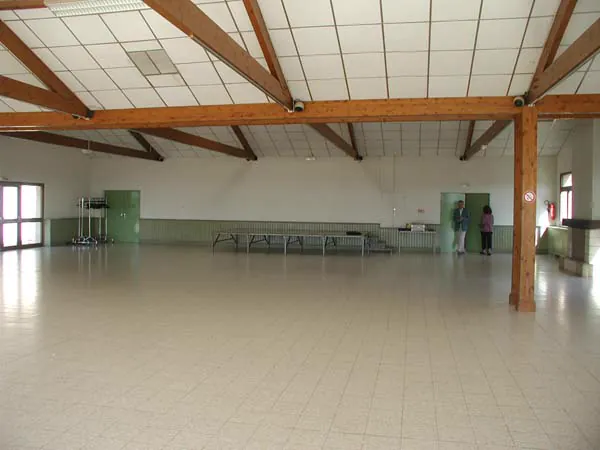 La salle du domaine de Givray vide : charpente de bois, plafond de dalles et soubassement vert tout autour