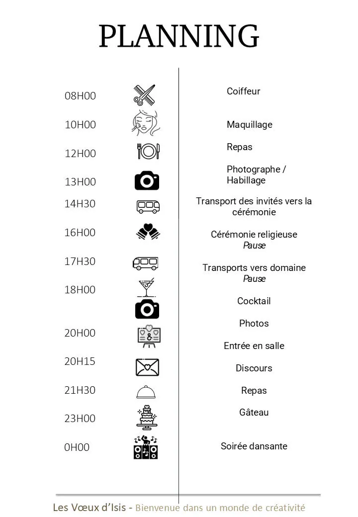 Le planning d’une journée de mariage, du coiffeur à huit heures jusqu’à la soirée dansante à minuit