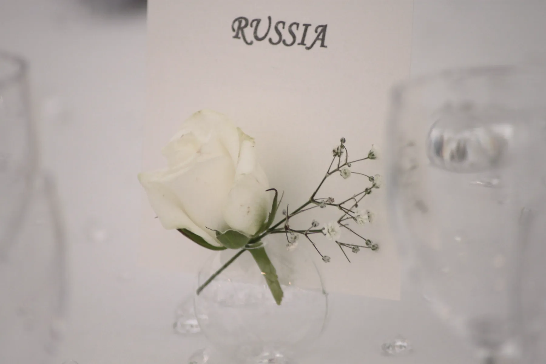 Un marque-place pos&eacute; contre une rose blanche et un brin de gypsophile